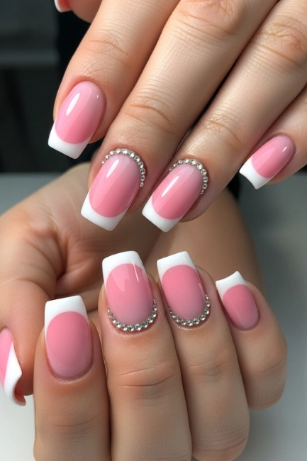 Pink French Tips with Rhinestones — For That Luxe Finish