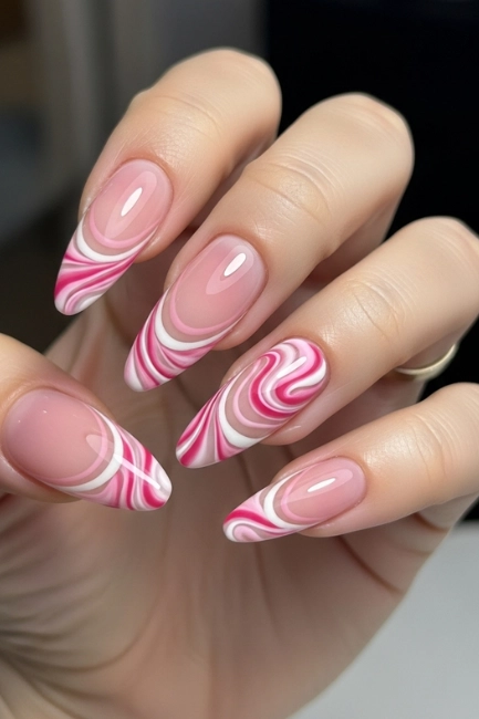 Pink and White Swirl French Tips — Modern Art on Nails