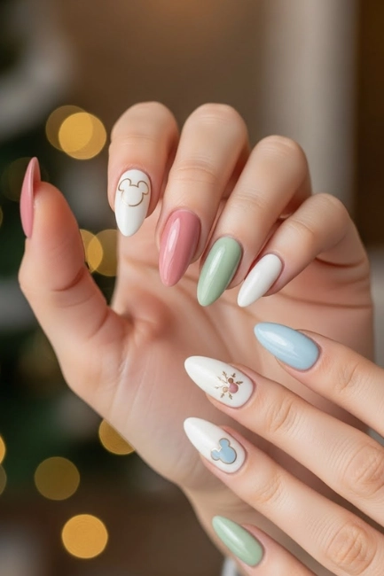 Minimalist Disney Christmas Nails for a Soft Holiday Look