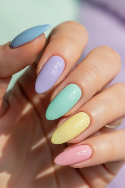 Glossy Pastel Almond Gel Nails for a Soft Aesthetic