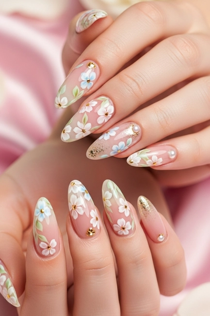 Floral Almond Gel Nails for Romantic Charm