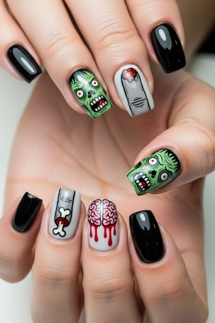 Bold and Graphic Zombie Nail Art