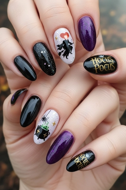 Classic Black and Purple Hocus Pocus Nails