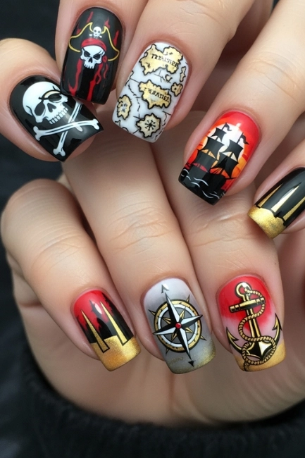 Bold and Graphic Pirate Nail Art