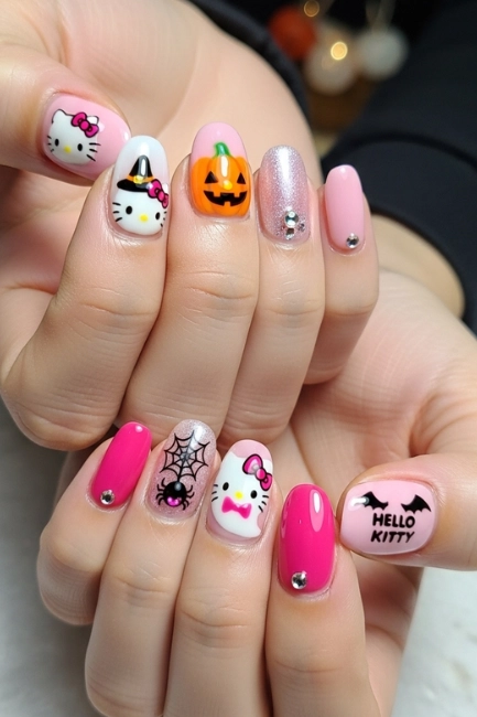 Pink-Themed Halloween Hello Kitty Nails