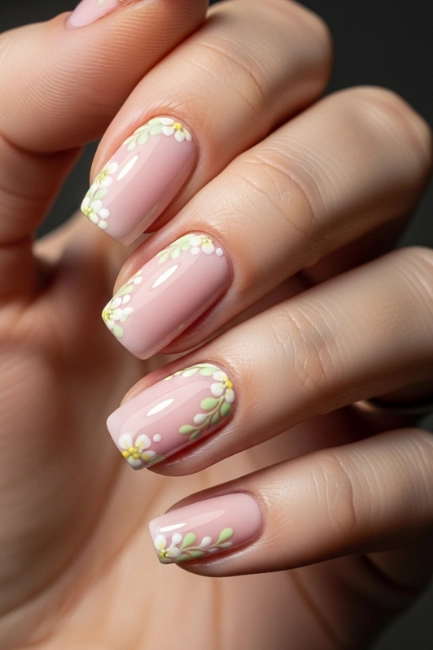 Light Floral Accents on Pink Nails