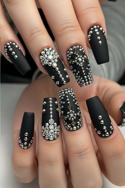 Crystals and Studs on Square Black Nails