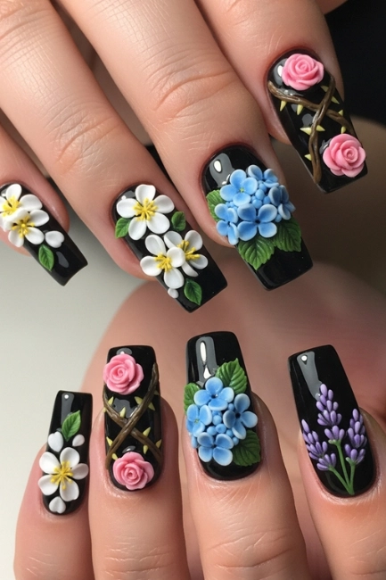 Floral 3D Nail Designs Square Black