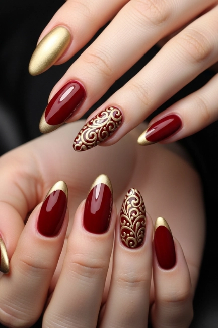 Glossy Wine with Matte Gold Contrast
