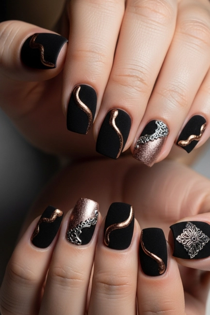 maroon nails with silver chrome