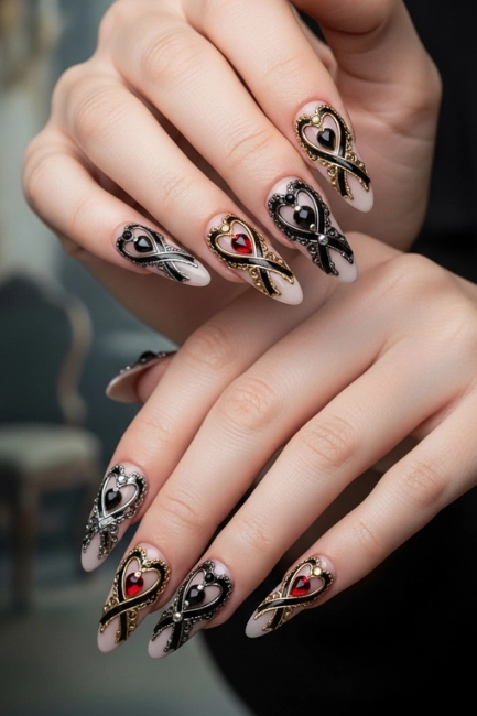 Gothic Ribbon Heart Nails