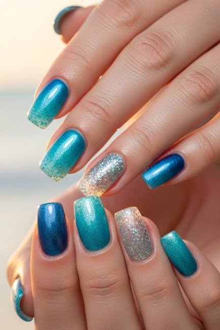 Ocean Glitter Fade Nails