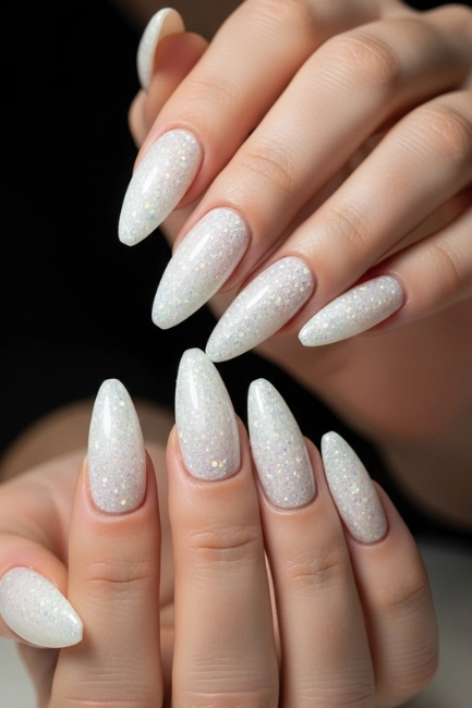 Long White Glitter Nails for Dramatic Style