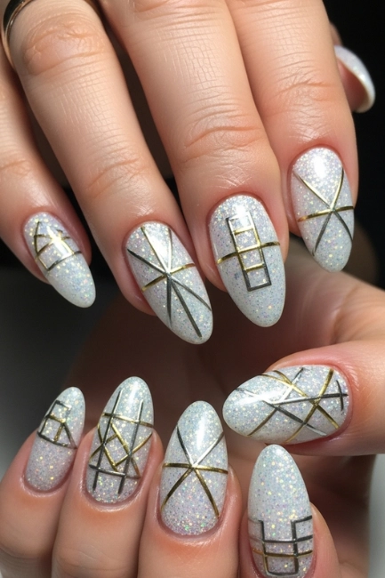 Glitter White Nails with Geometric Designs