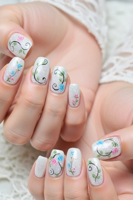 White Glitter Nail Designs with Floral Patterns