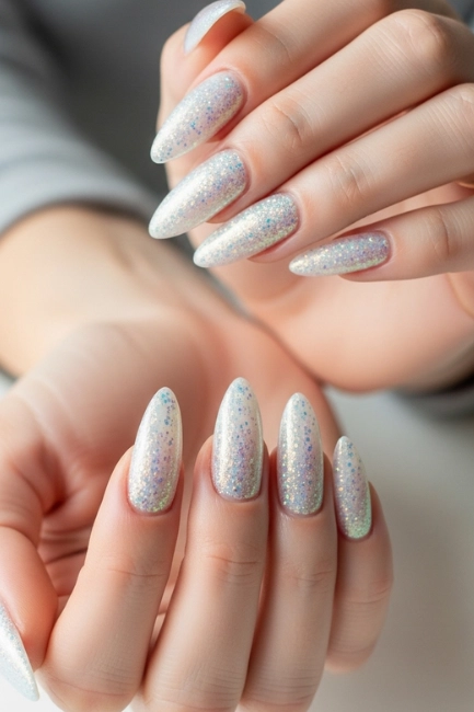 Iridescent White Glitter Nail Designs