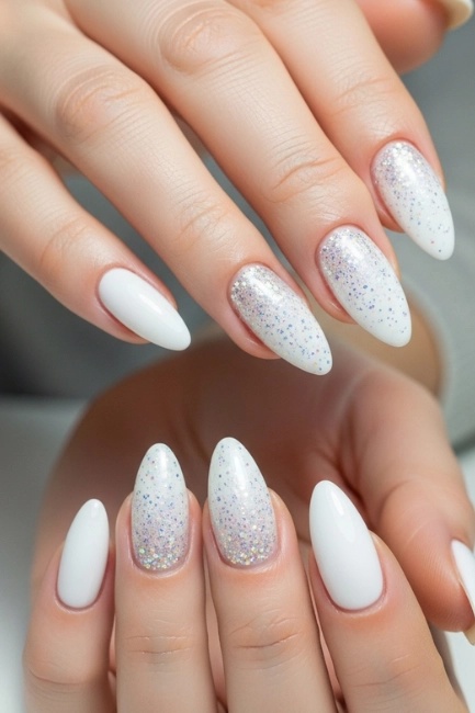 Gradient Glitter Fade White Nails