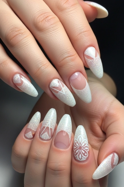 Glitter White Nails with Negative Space Designs