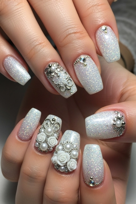 White Glitter Nail Designs with 3D Nail Art