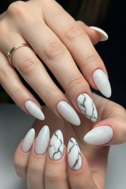 White Glitter with Marble Accent Nails