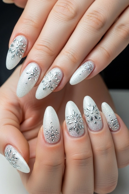 White Glitter Nail Designs with Snowflake Designs