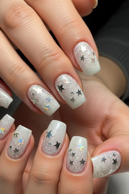 White Glittering Nails with Twinkling Stars