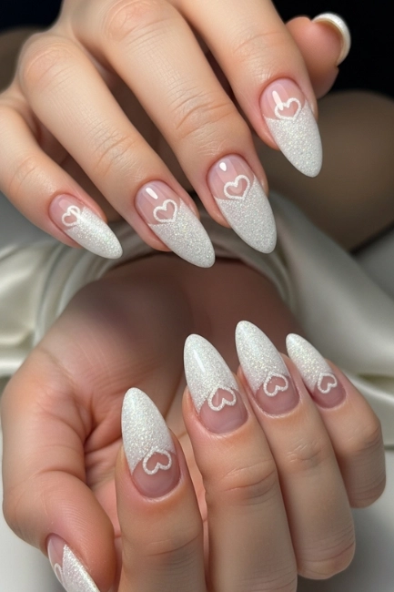 White Nails with Minimalistic Negative Space Hearts