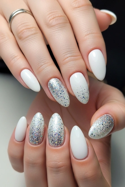 White Nails with Glitter Gradient Accents