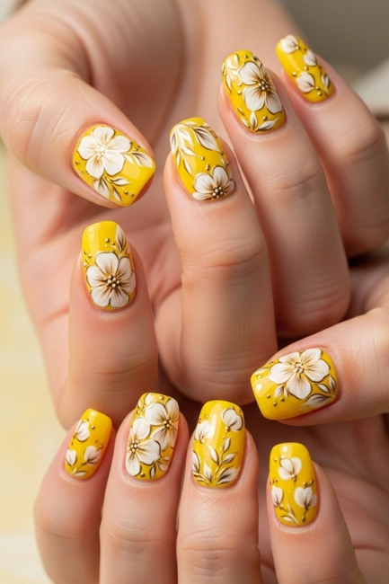 Floral Yellow Nail Designs