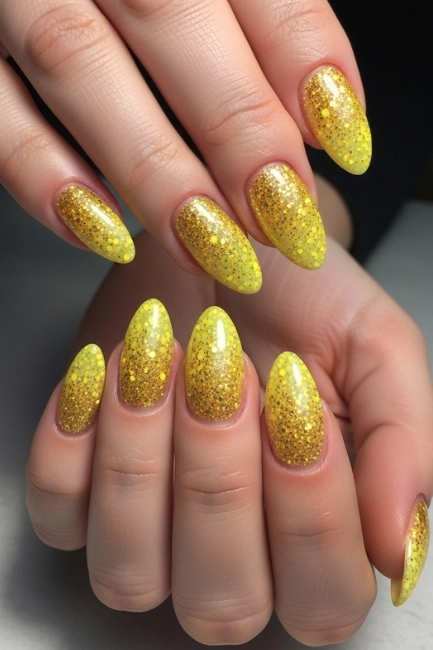 Yellow Glitter Gradient Nails