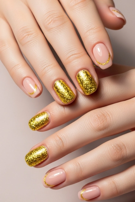 Yellow Glitter Accent Nails