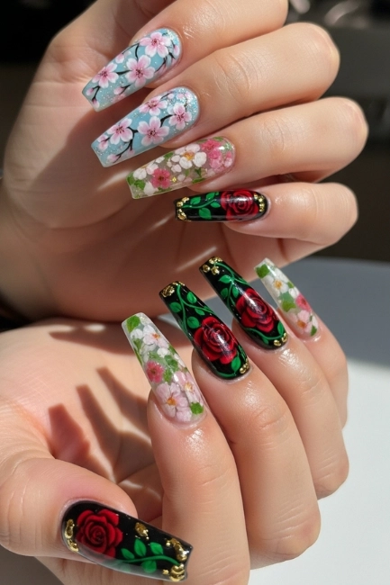 Floral Coffin Nail Designs