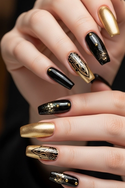 Black and Gold Coffin Nails
