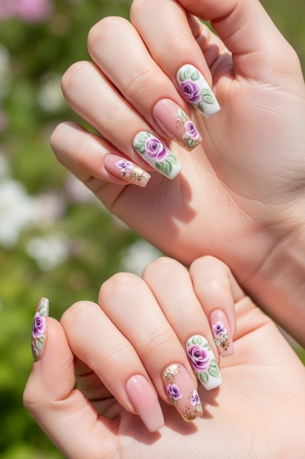 Floral Accent Coffin Nails