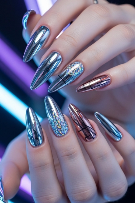 Futuristic Nails With Metallic Shine