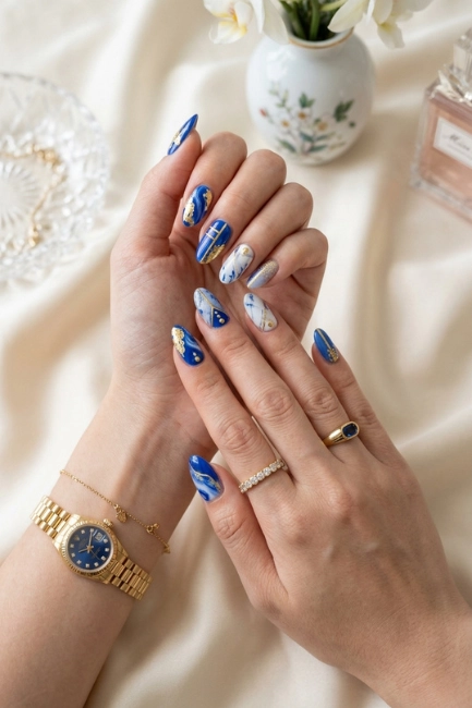 Gold Accent Nail Designs for a Sunlit Mediterranean Touch