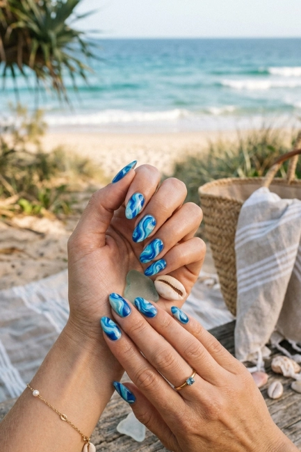 Marble Blue Nail Designs for a Sophisticated Coastal Texture