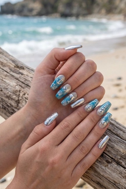 Silver Accent Nail Art for a Cool Ocean Shine