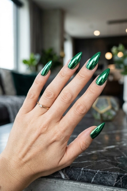 Metallic Green Nails for a Bold Reflective Shine