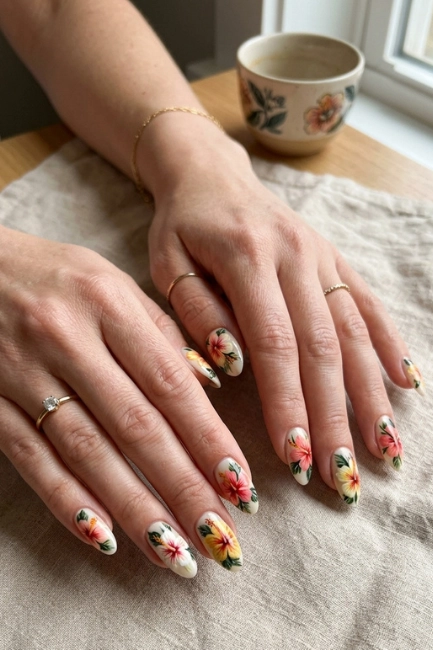 Hand Painted Floral Nail Art for Detailed Tropical Beauty