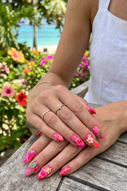 Pink and Red Floral Nails for a Bold Tropical Statement