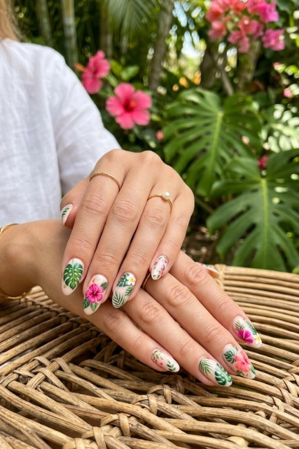Tropical Leaf and Flower Combination Nails for a Nature Inspired Style