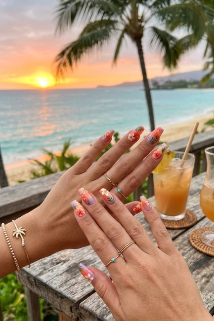 Sunset Inspired Floral Nails for a Warm Tropical Glow