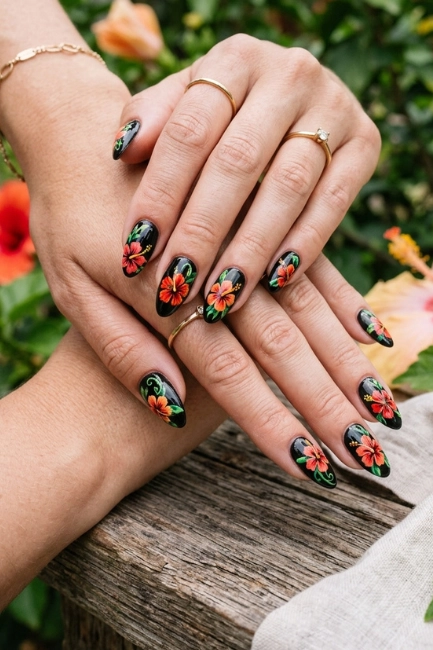 Black Base Floral Nails for a Dramatic Tropical Contrast
