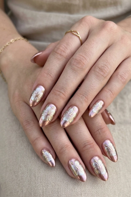Metallic Floral Nail Designs for a Modern Glamorous Style