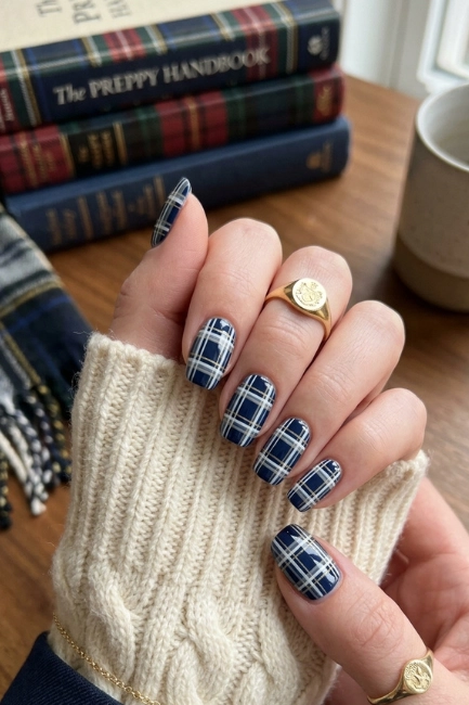 Navy and White Plaid Nails for a Preppy Aesthetic