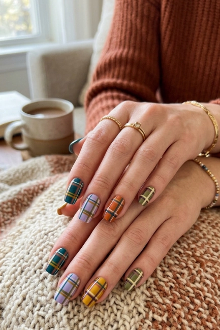 Plaid Nails in Unconventional Color Combinations