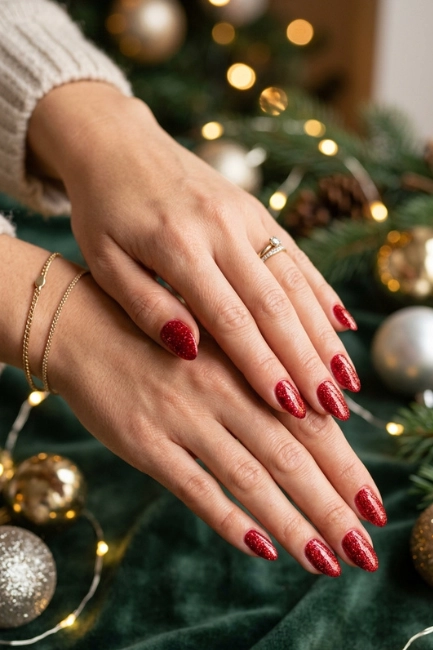 Glitter Red Nail Designs for a Sparkling Holiday Effect